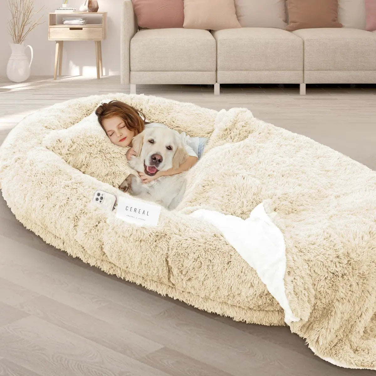 Oversized Human Dog Bed with Plush Pillow, Blanket, and Strap Fur Clover