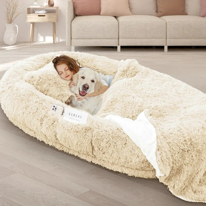 Oversized Human Dog Bed with Plush Pillow, Blanket, and Strap Fur Clover
