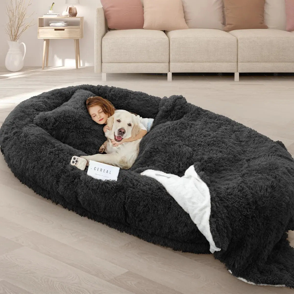 Oversized Human Dog Bed with Plush Pillow, Blanket, and Strap Fur Clover