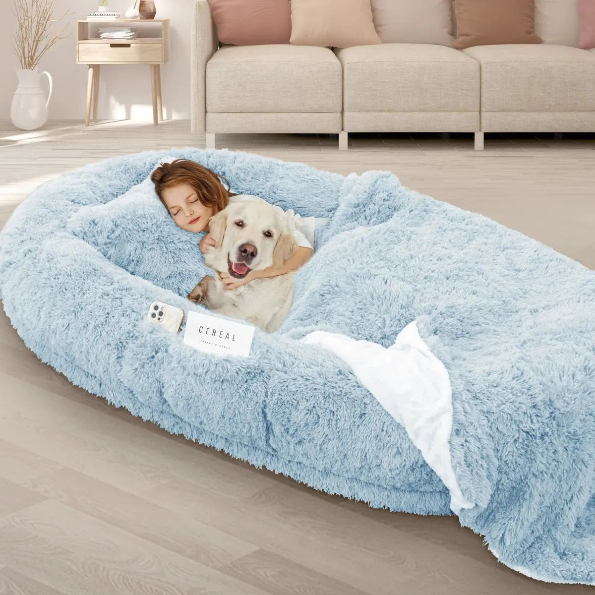 Oversized Human Dog Bed with Plush Pillow, Blanket, and Strap Fur Clover