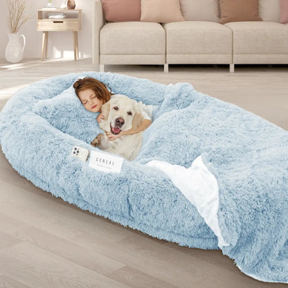 Oversized Human Dog Bed with Plush Pillow, Blanket, and Strap Fur Clover