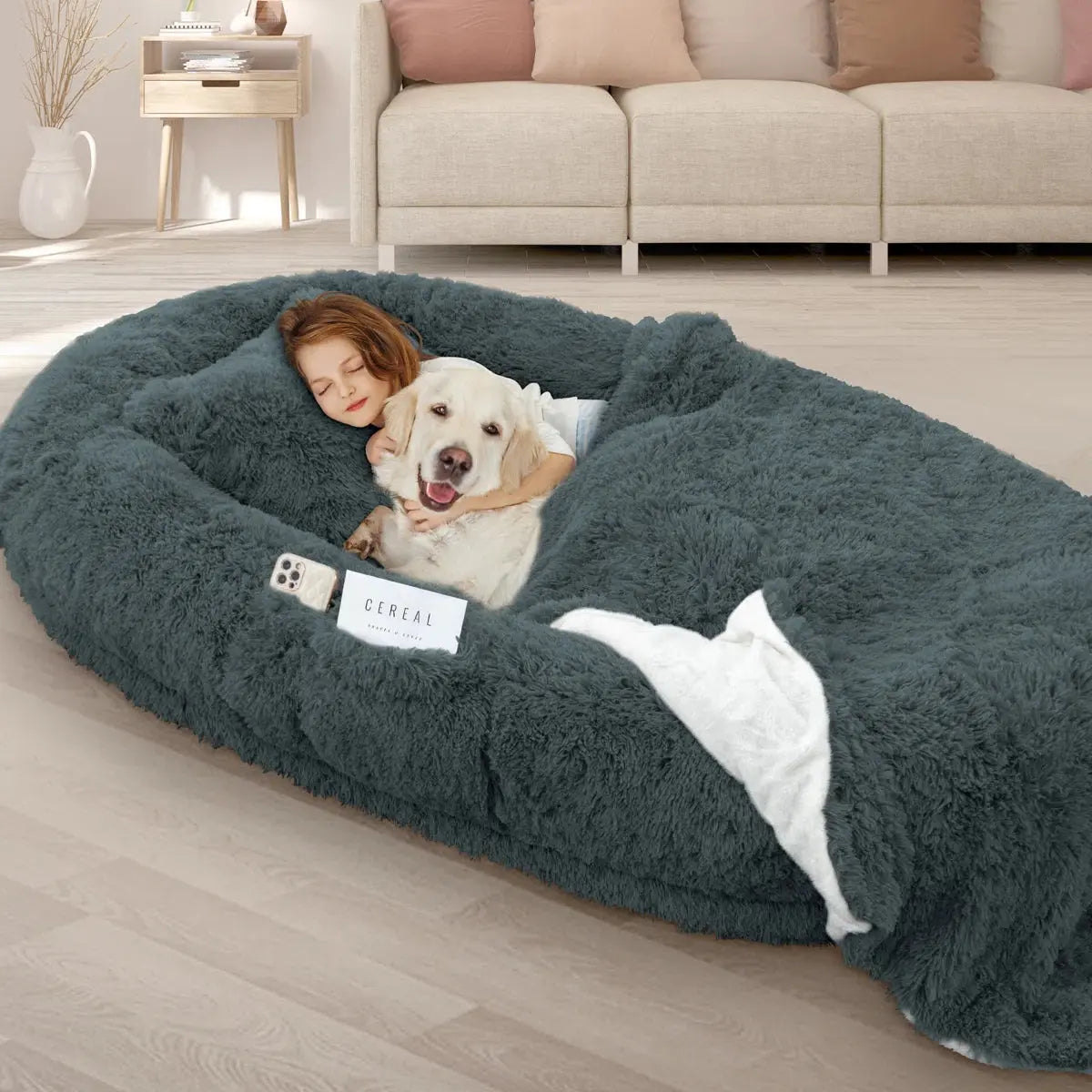 Oversized Human Dog Bed with Plush Pillow, Blanket, and Strap Fur Clover