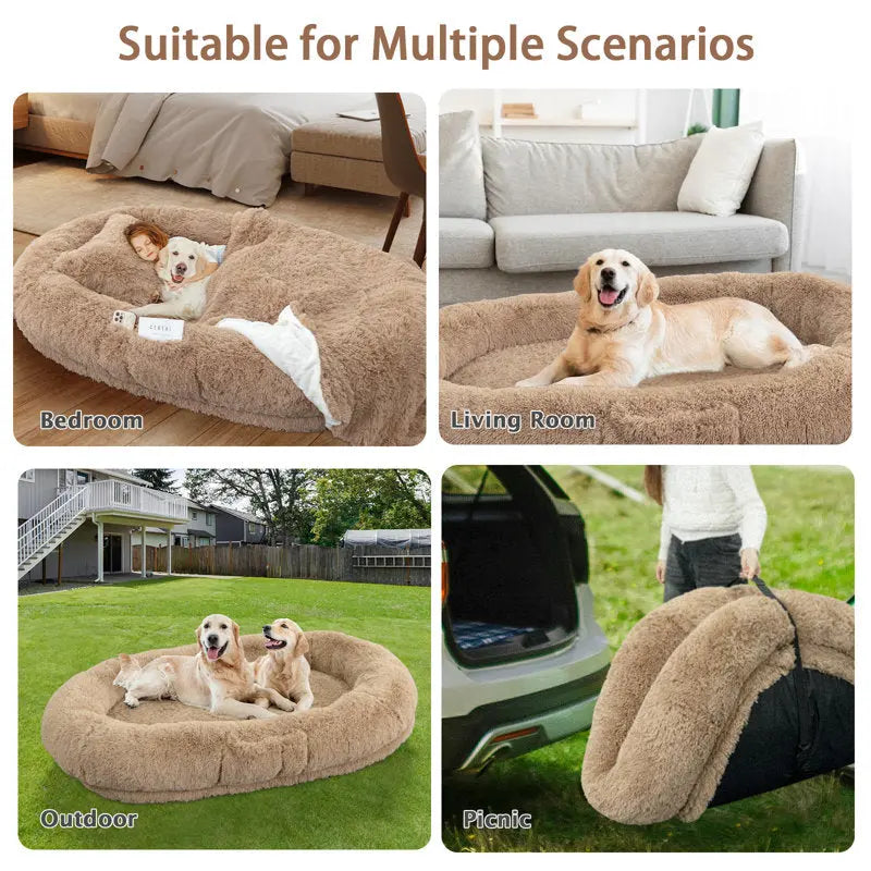 Oversized Human Dog Bed with Plush Pillow, Blanket, and Strap