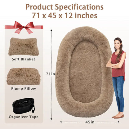 Oversized Human Dog Bed with Plush Pillow, Blanket, and Strap