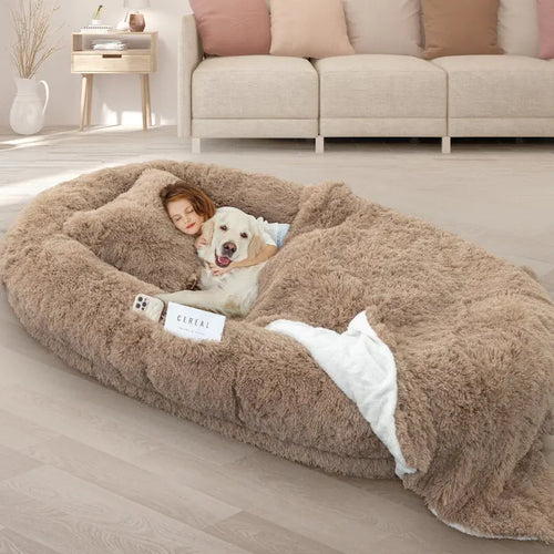 Oversized Human Dog Bed with Plush Pillow, Blanket, and Strap
