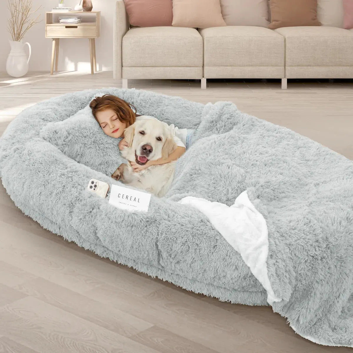 Oversized Human Dog Bed with Plush Pillow, Blanket, and Strap Fur Clover