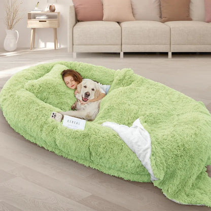 Oversized Human Dog Bed with Plush Pillow, Blanket, and Strap Fur Clover