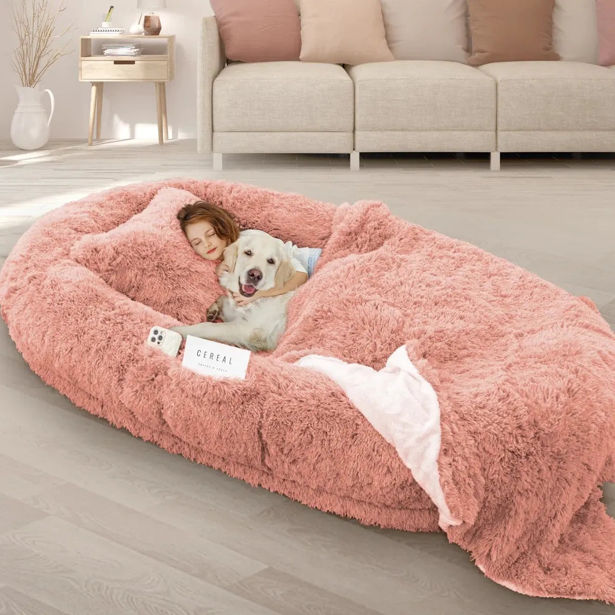 Oversized Human Dog Bed with Plush Pillow, Blanket, and Strap Fur Clover