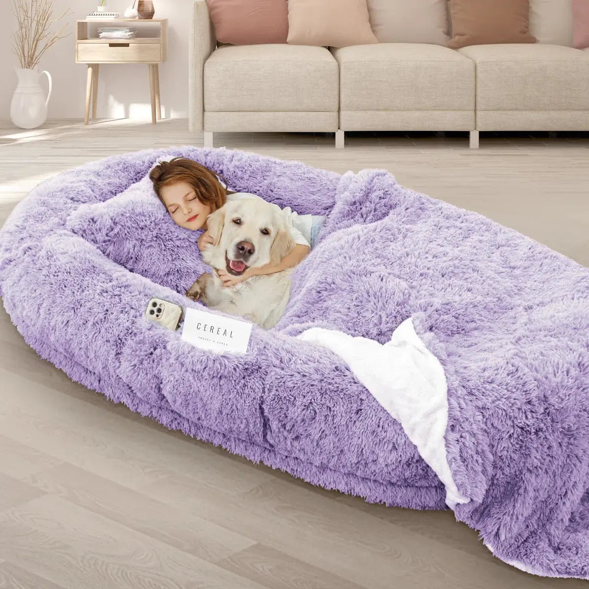 Oversized Human Dog Bed with Plush Pillow, Blanket, and Strap Fur Clover